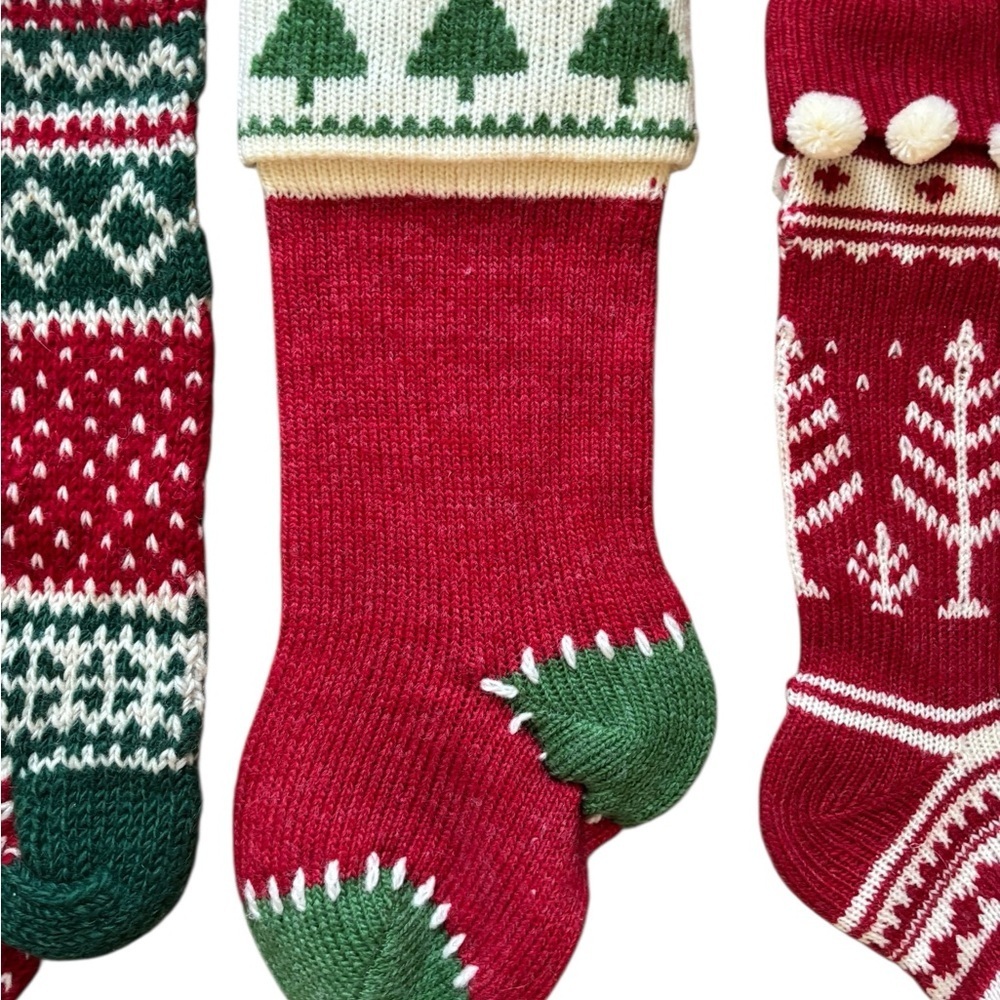Set 3 WOOL Colorful Christmas Decorating Socks Red Green Fun Whimsical Hook - Picture 2 of 3